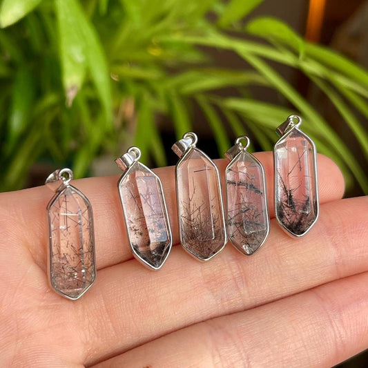 Natural Black Rutilated Quartz Pendant, S925 Sterling Silver Crystal Pendant Gift, Crystal Necklace, Handmade Jewelry for Birthday Gift
