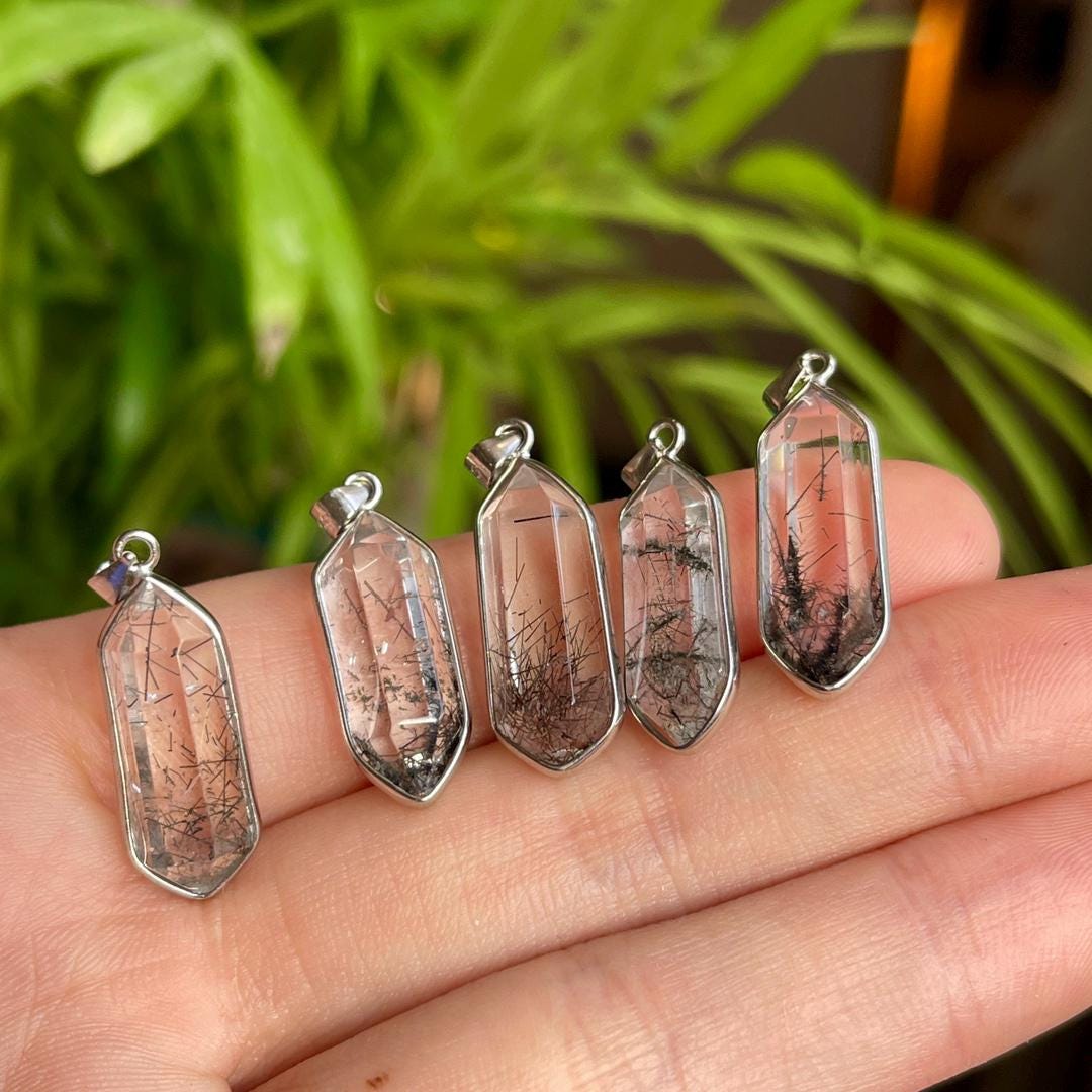 Natural Black Rutilated Quartz Pendant, S925 Sterling Silver Crystal Pendant Gift, Crystal Necklace, Handmade Jewelry for Birthday Gift