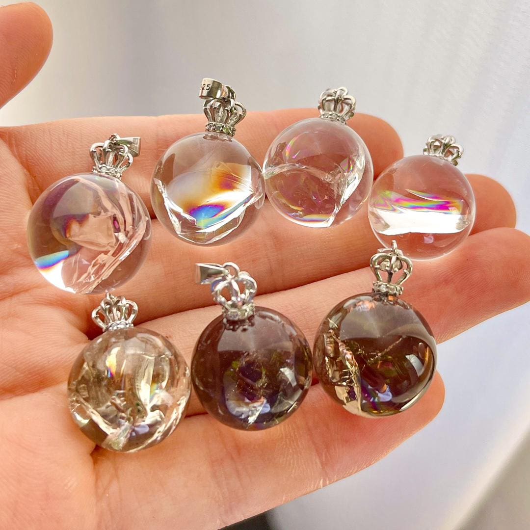 Rainbow Clear Quartz Sphere Pendant, S925 Sterling Silver Crown Bail, Natural Smoky Crystal Ball NecklaceWitchy Celestial Gift for Her