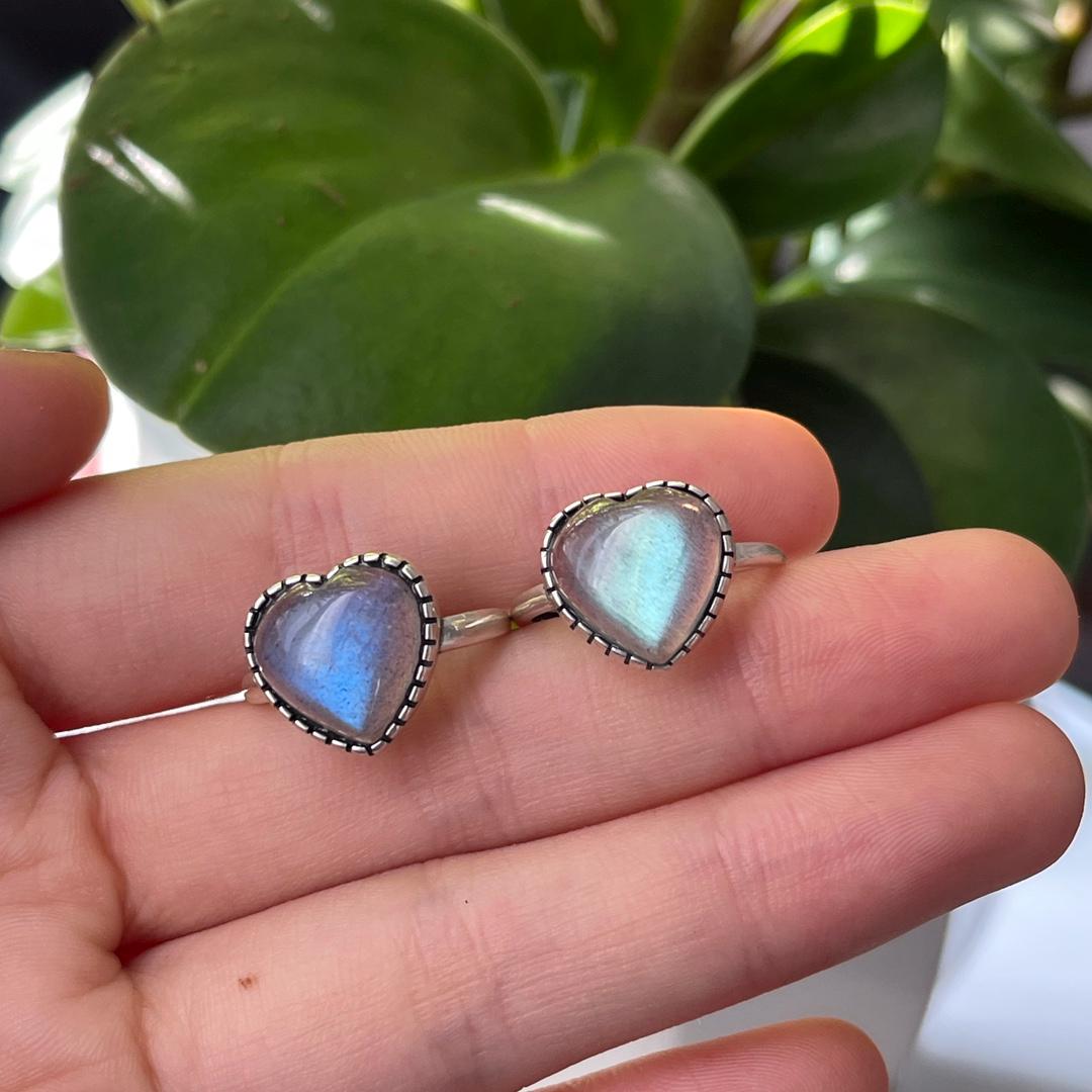 Labradorite Heart Ring, 925 Sterling Silver, Adjustable Size