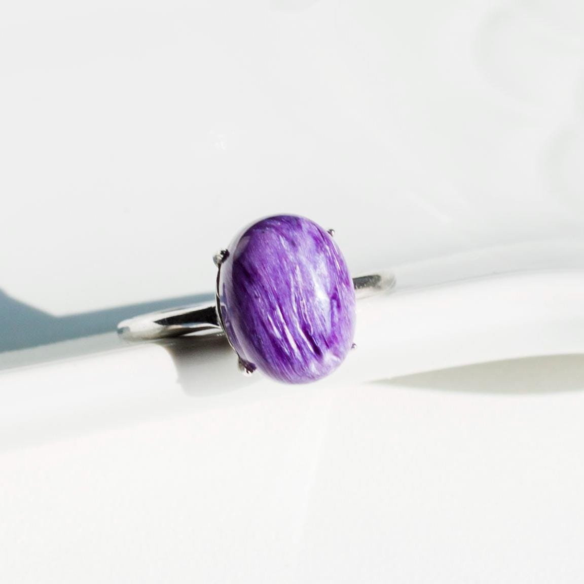 Natural Charoite Ring,925 Sterling Silver Ring, Adjustable Size Ring, Gemstone Charoite Rings, Crystal Ring Gift, Anniversary Gift for Her