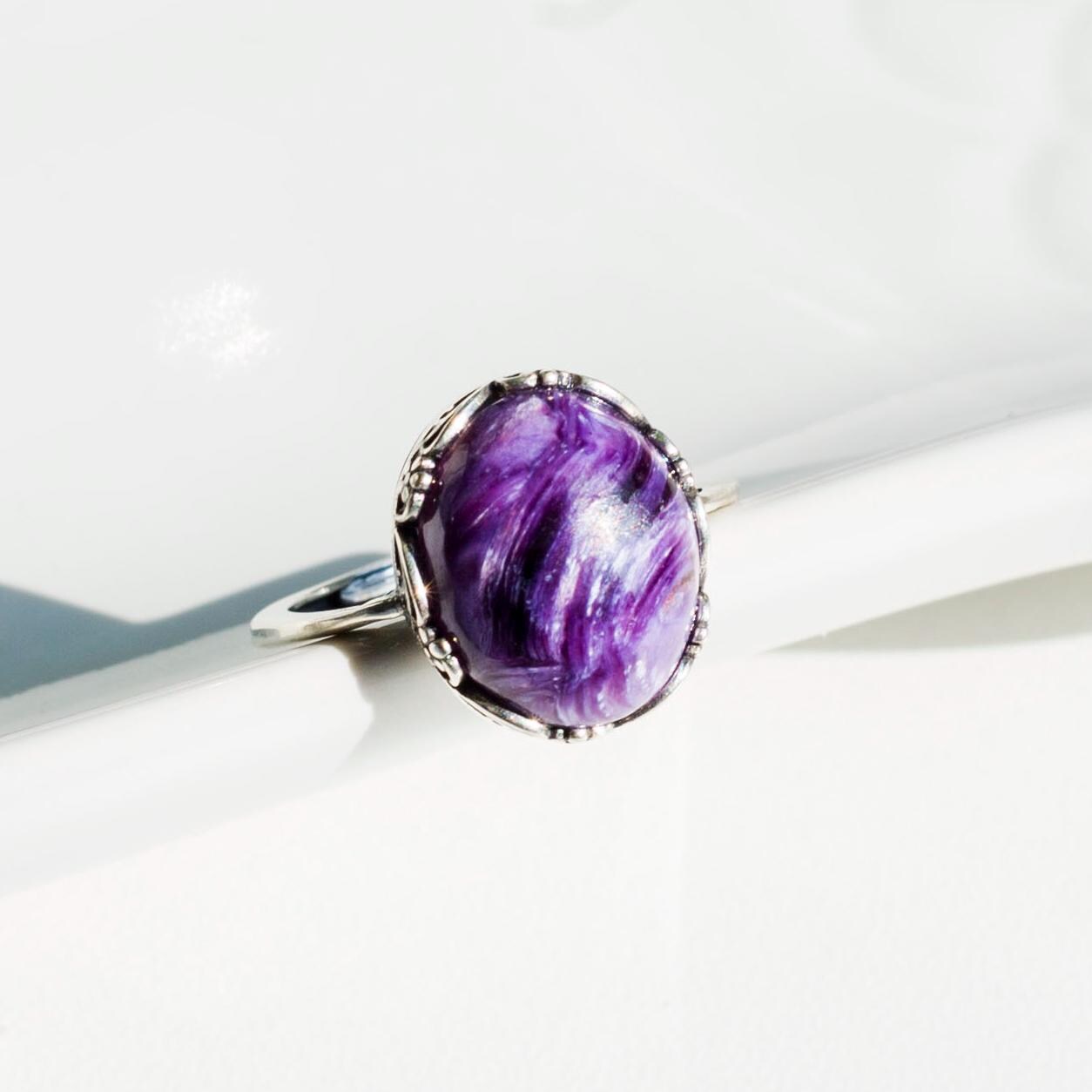 Natural Charoite Ring,925 Sterling Silver Ring, Adjustable Size Ring, Gemstone Charoite Rings, Crystal Ring Gift, Anniversary Gift for Her