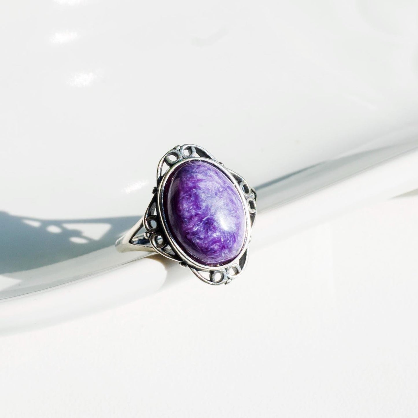 Natural Charoite Ring,925 Sterling Silver Ring, Adjustable Size Ring, Gemstone Charoite Rings, Crystal Ring Gift, Anniversary Gift for Her