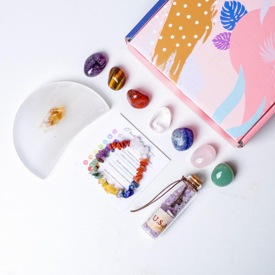 7 Chakra Tumbled Crystal Set with Selenite Moon Plate, Bracelet, Wish Bottle,Gift for Mom
