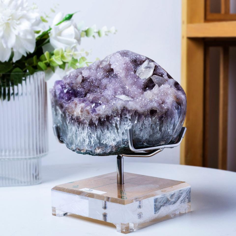 Natural Druzy Amethyst Cluster with Calcite Specimen, Mineral Collection,Gift for Mom