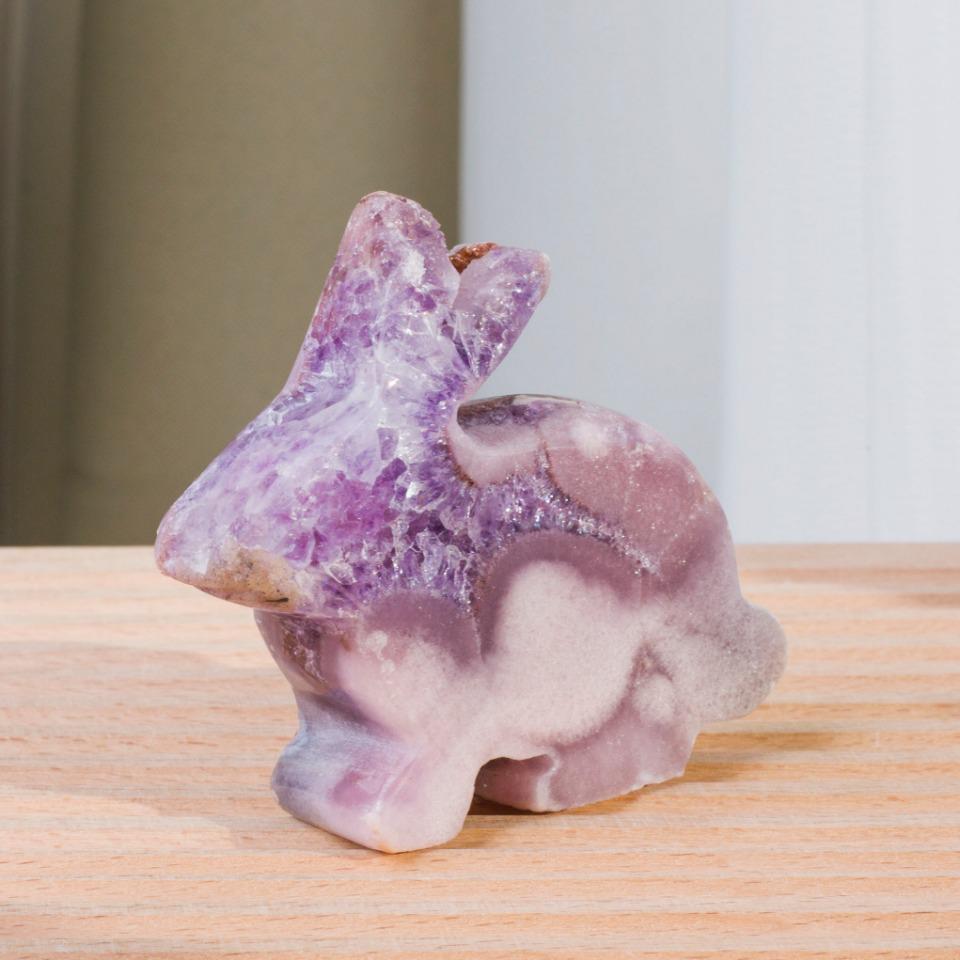 Natural Pink Amethyst Carving Bunny, Druzy Polished Pink Amethyst Rabbit, Crystal Animal, Reiki Healing, Gemstone Collection, Home Decor