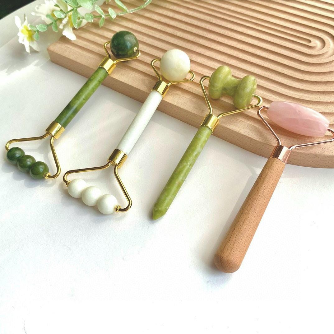 Natural Jade Face Roller, Crystal Facial Massage Tool with Wooden Handle, Skincare Self Care Massager, Gift for Her