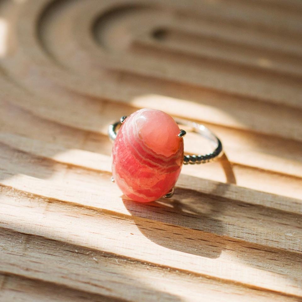 Natural Rhodochrosite Gemstome Ring,925 Sterling Silver,Adjustable Size, Oval Gemstone Rings, Crystal Ring Gift,Anniversary Gift for Women