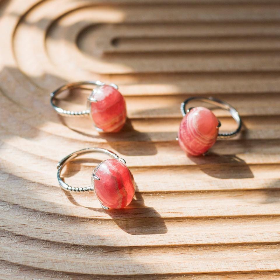 Natural Rhodochrosite Gemstome Ring,925 Sterling Silver,Adjustable Size, Oval Gemstone Rings, Crystal Ring Gift,Anniversary Gift for Women