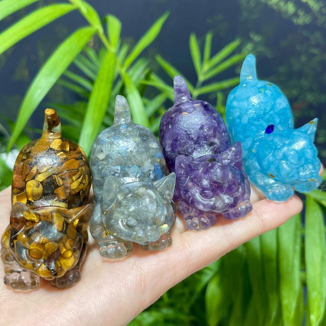 Crystal Chips Cat With Resin, Tiger Eye Stone Chips Craft, Handmade Crystal Cat For Gift, Healing Crystal Animal For Birthday Gifts