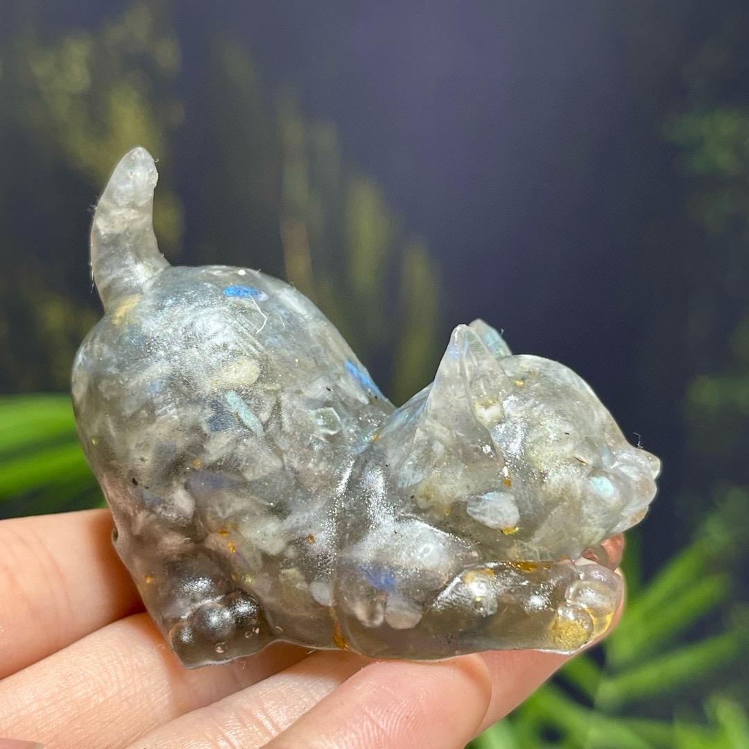 Crystal Chips Cat With Resin, Tiger Eye Stone Chips Craft, Handmade Crystal Cat For Gift, Healing Crystal Animal For Birthday Gifts