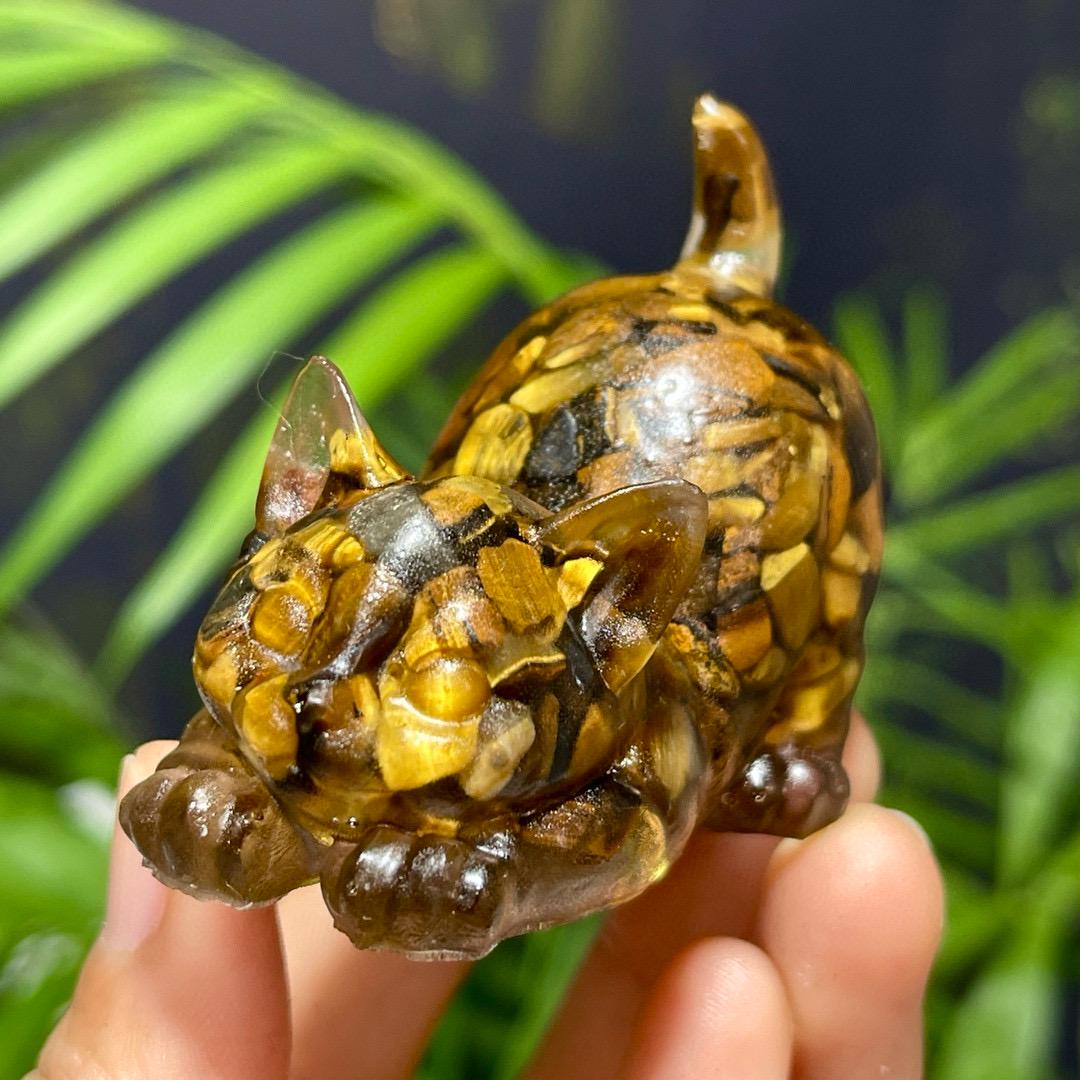 Crystal Chips Cat With Resin, Tiger Eye Stone Chips Craft, Handmade Crystal Cat For Gift, Healing Crystal Animal For Birthday Gifts