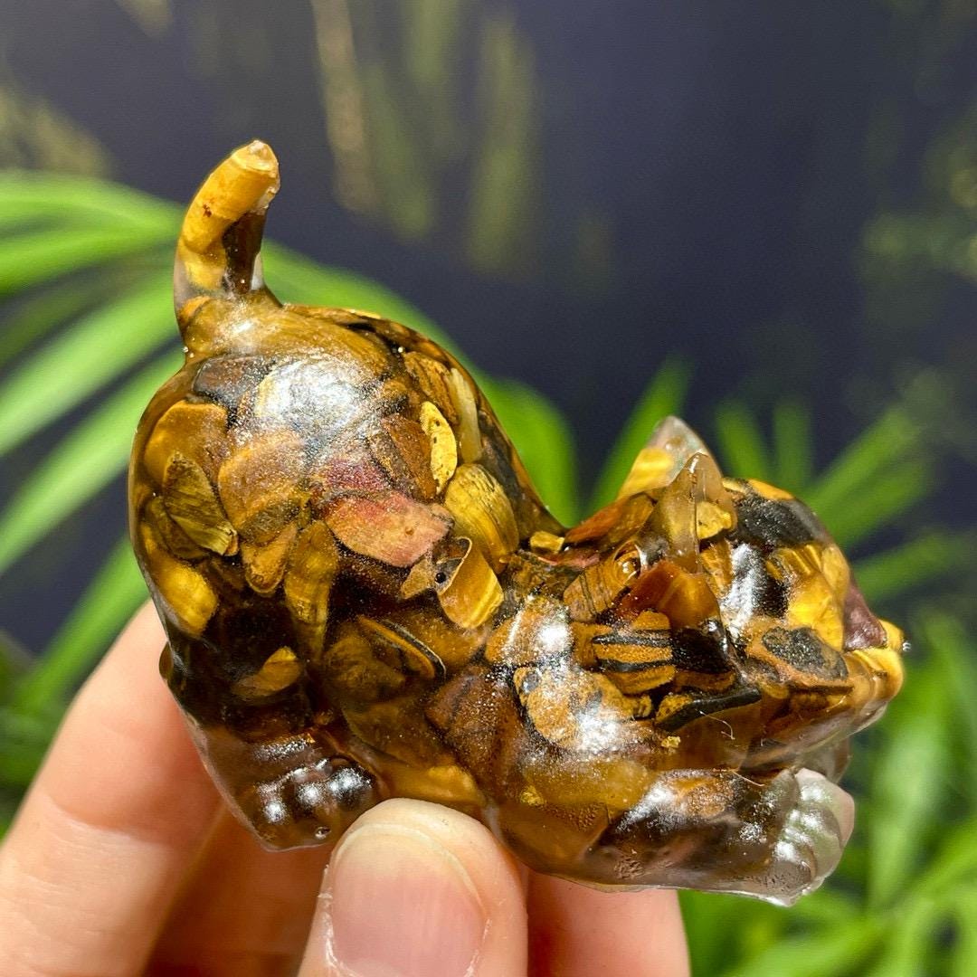 Crystal Chips Cat With Resin, Tiger Eye Stone Chips Craft, Handmade Crystal Cat For Gift, Healing Crystal Animal For Birthday Gifts