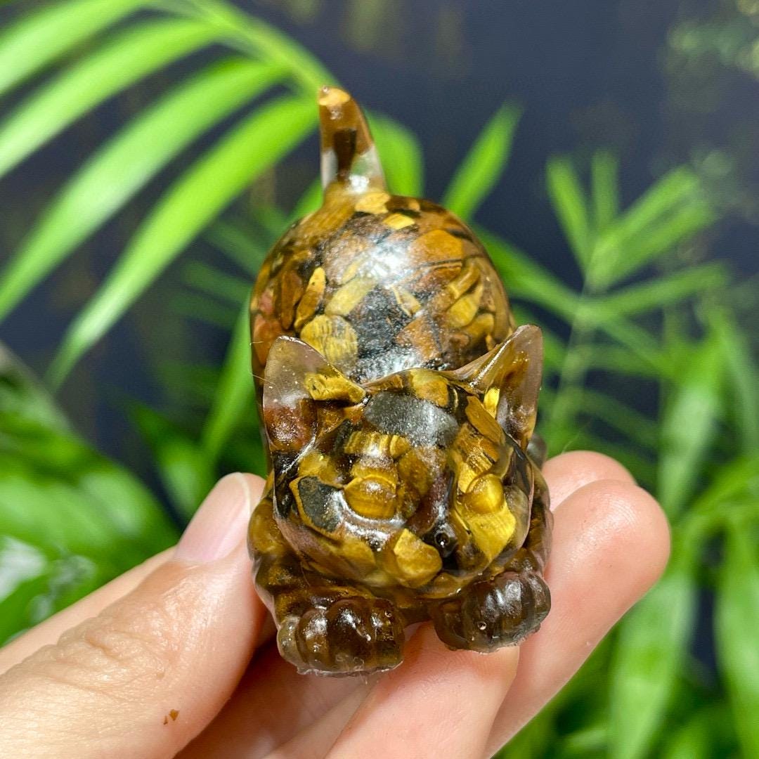 Crystal Chips Cat With Resin, Tiger Eye Stone Chips Craft, Handmade Crystal Cat For Gift, Healing Crystal Animal For Birthday Gifts