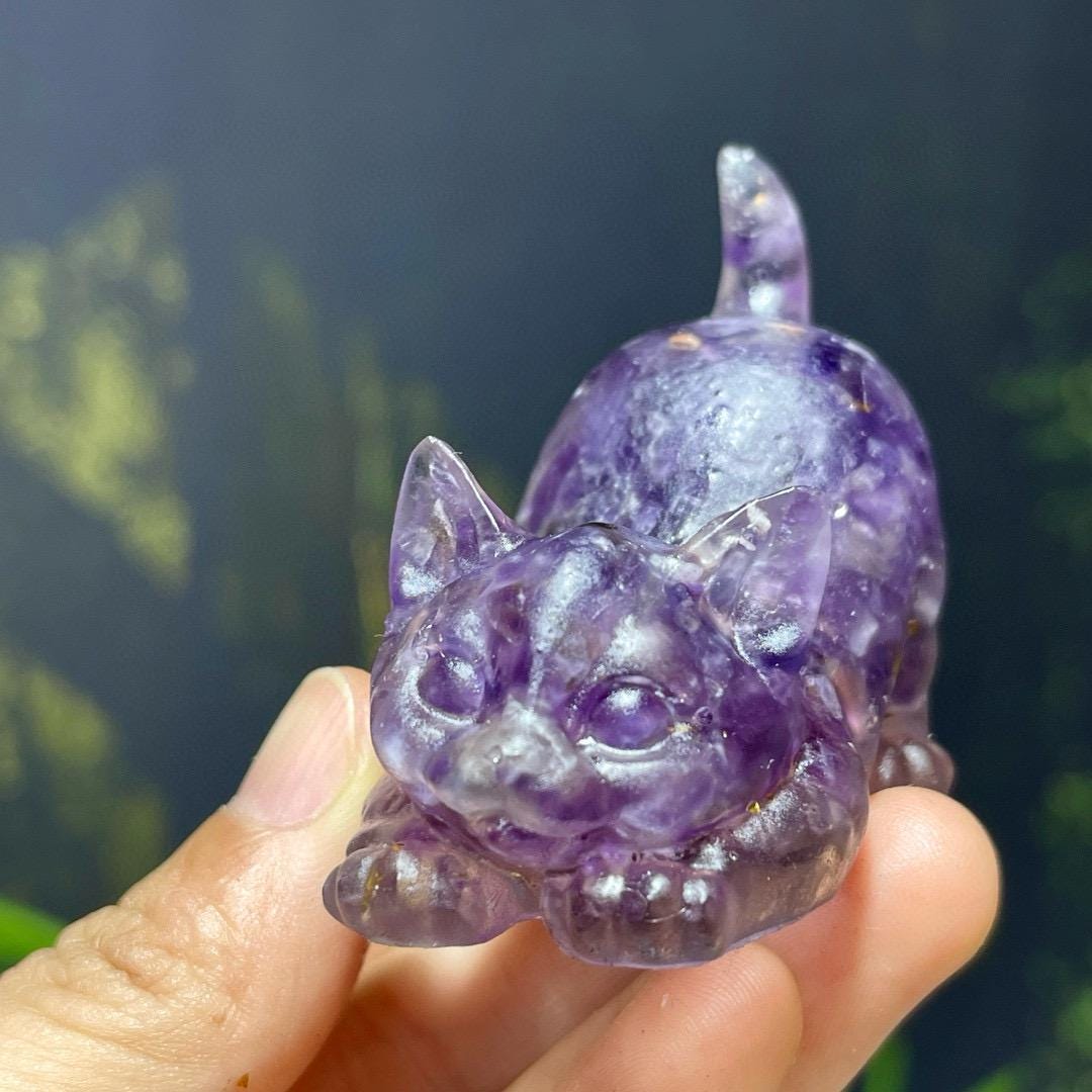 Crystal Chips Cat With Resin, Tiger Eye Stone Chips Craft, Handmade Crystal Cat For Gift, Healing Crystal Animal For Birthday Gifts
