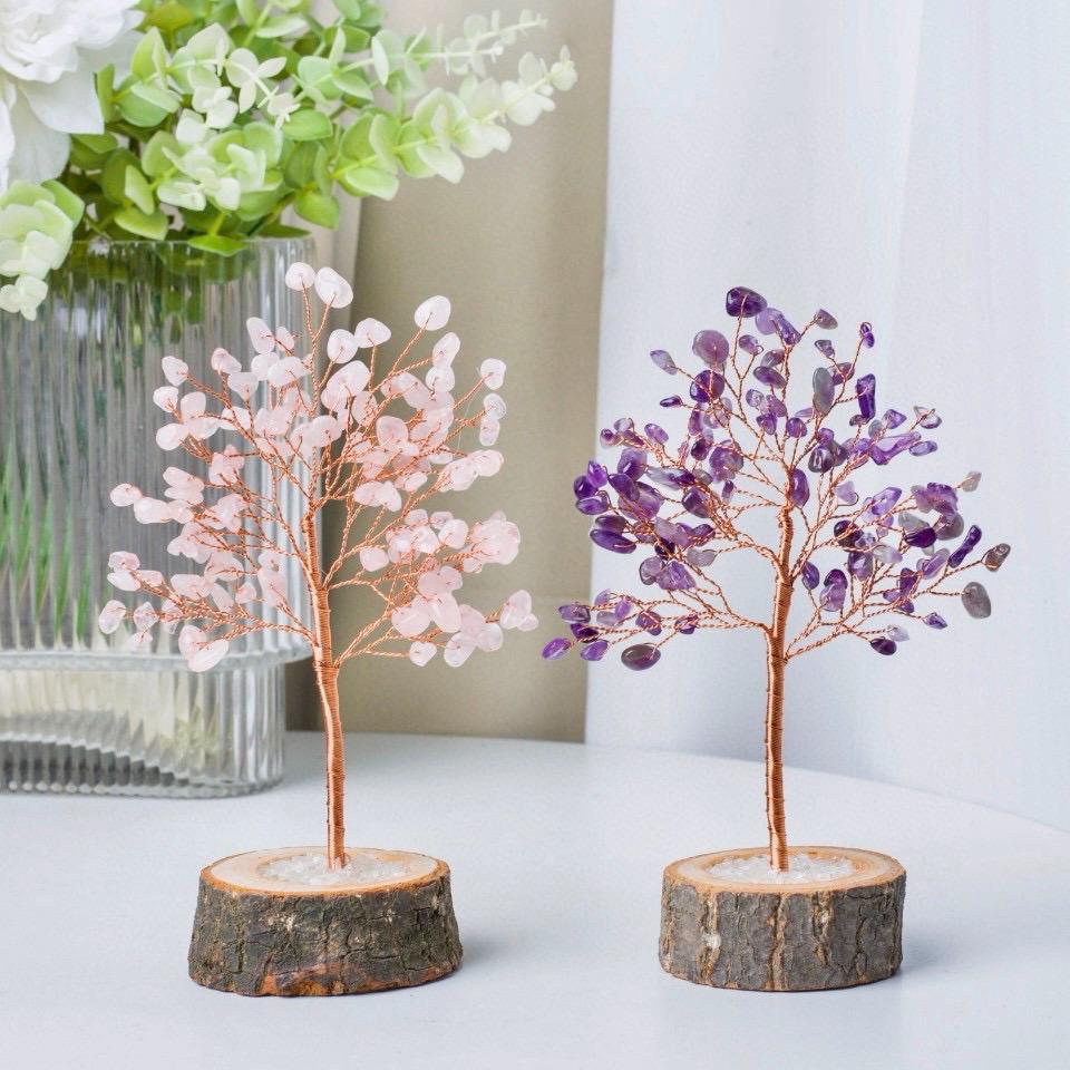 Handcraft Crystal Chips Fengshui Lucky Tree, Natural Gemstone Chips Decor, Healing Crystal Tree With Natural Wood Base, Home Decor
