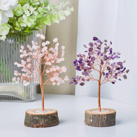 Handcraft Crystal Chips Fengshui Lucky Tree, Natural Gemstone Chips Decor, Healing Crystal Tree With Natural Wood Base, Home Decor