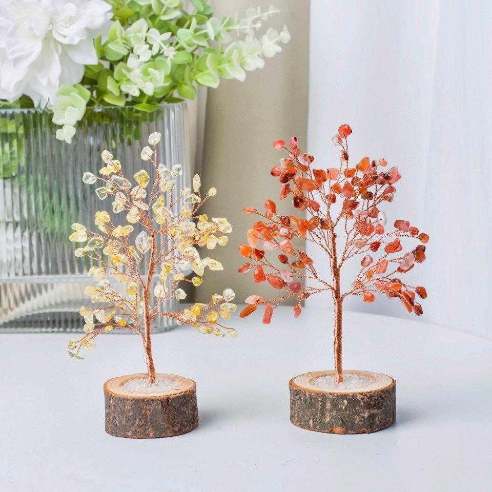 Handcraft Crystal Chips Fengshui Lucky Tree, Natural Gemstone Chips Decor, Healing Crystal Tree With Natural Wood Base, Home Decor