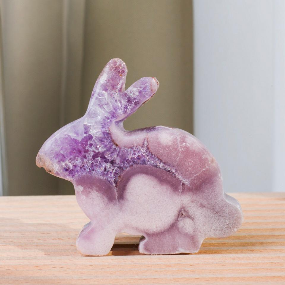 Natural Pink Amethyst Carving Bunny, Druzy Polished Pink Amethyst Rabbit, Crystal Animal, Reiki Healing, Gemstone Collection, Home Decor