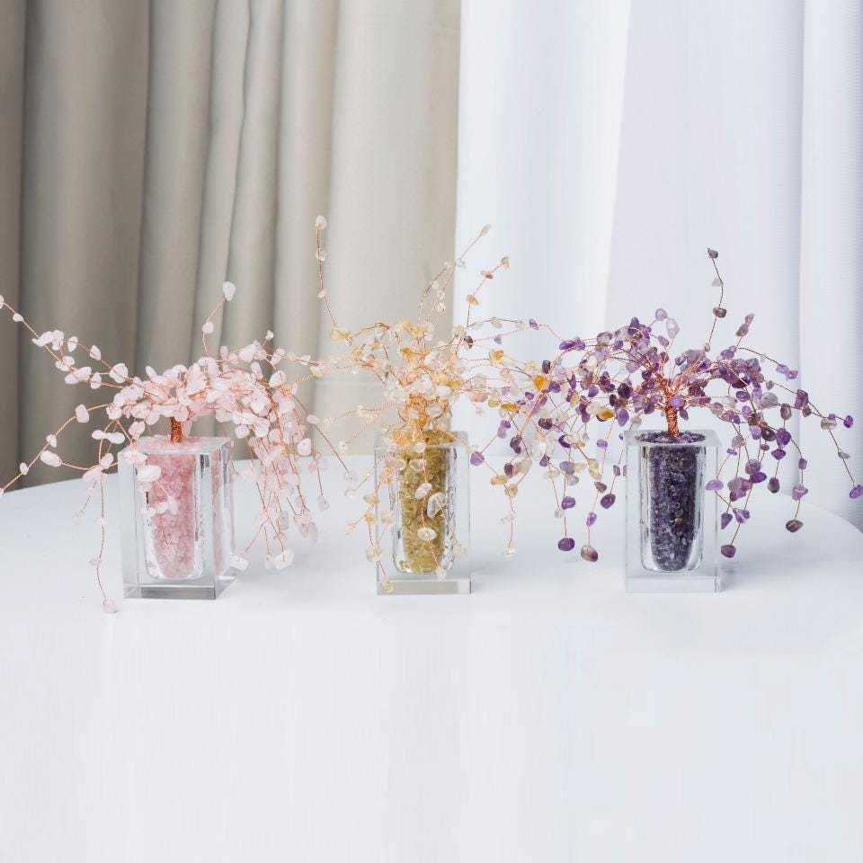 Fengshui Gemstone Lucky Tree, Natural Crystal Gemstone Chips Decor, Healing Crystal Tree With Glass bottle Base, Home Decor, Reiki Healing