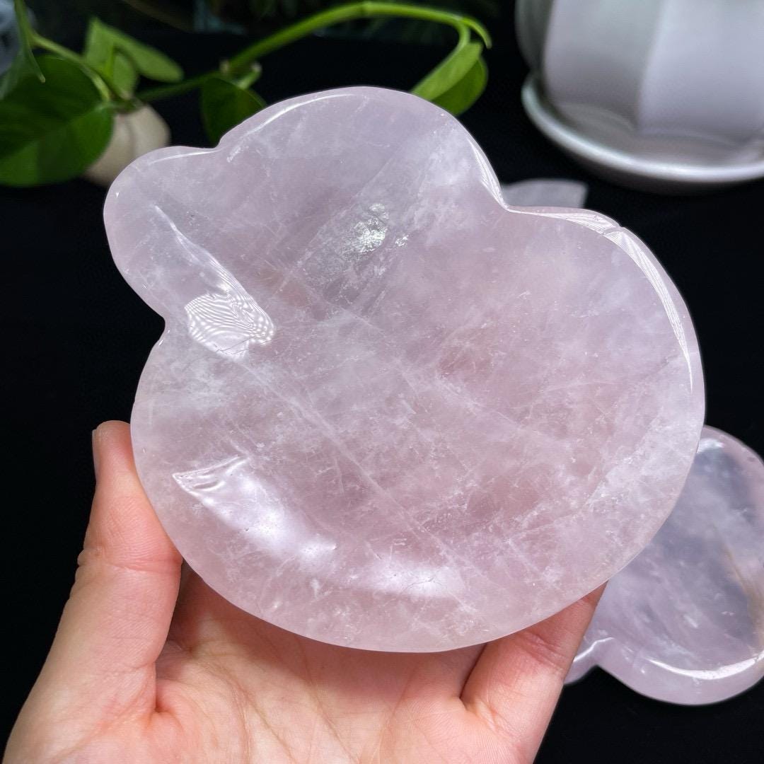 Natural Handmade Rose Quartz Cat Bowl, Gemstone Trinket Dish, Crystal Bowls, Flower Bowl,  Duck Bowl, Energy Healing Crystal, Birthday Gift