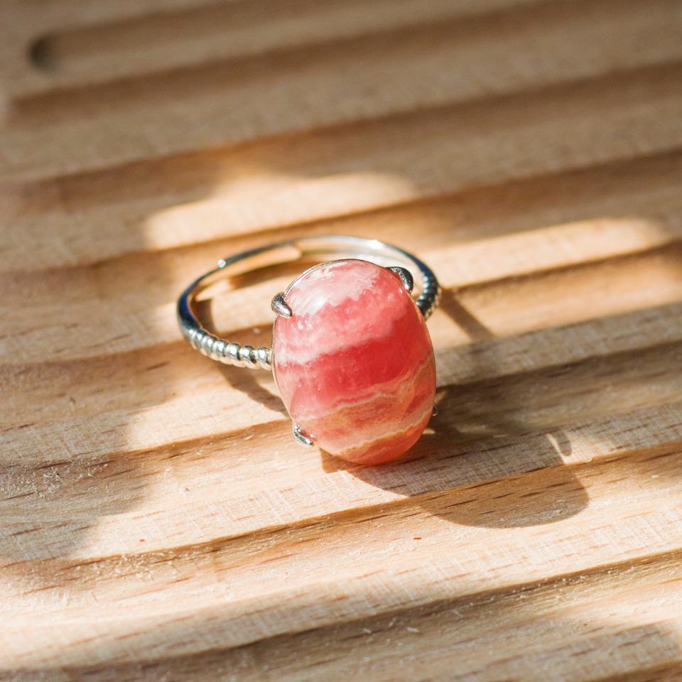 Natural Rhodochrosite Gemstome Ring,925 Sterling Silver,Adjustable Size, Oval Gemstone Rings, Crystal Ring Gift,Anniversary Gift for Women