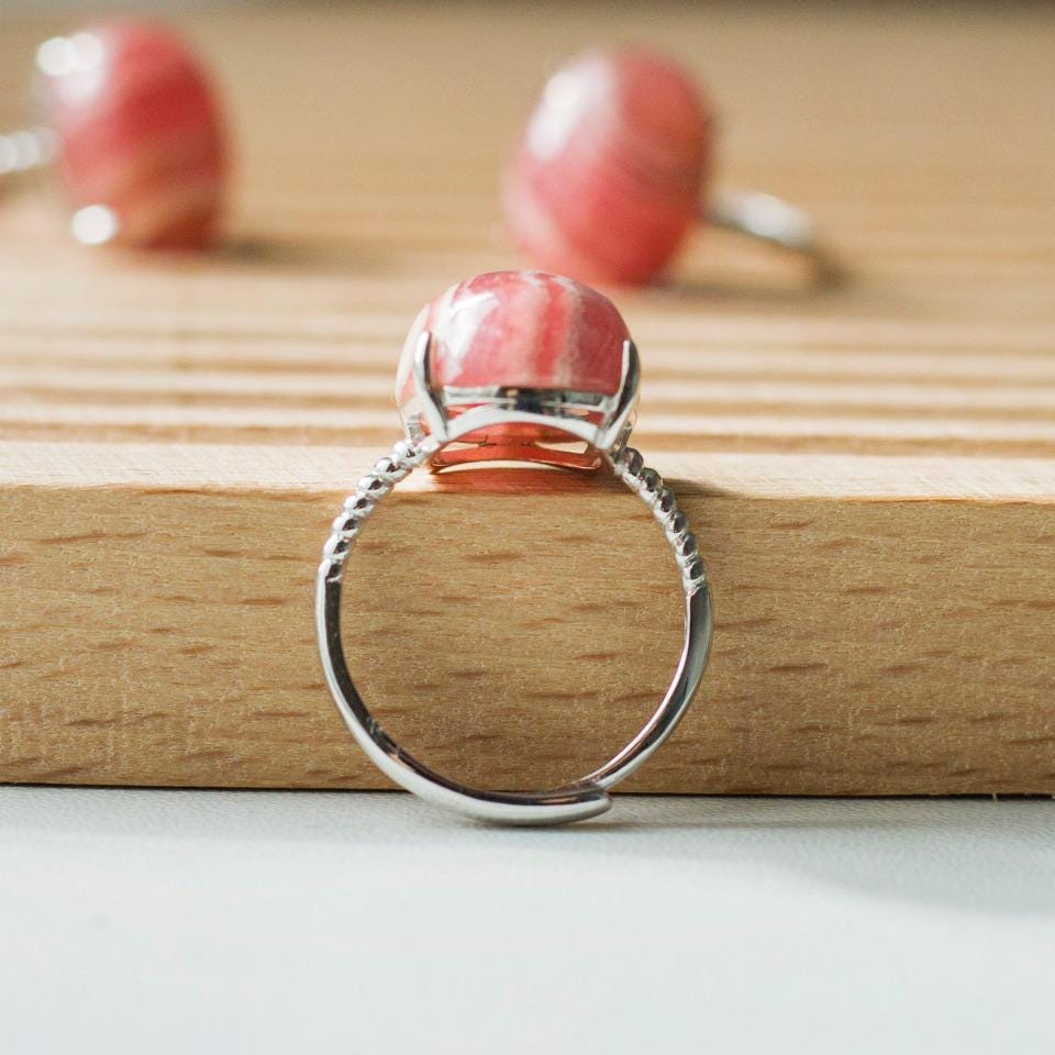 Natural Rhodochrosite Gemstome Ring,925 Sterling Silver,Adjustable Size, Oval Gemstone Rings, Crystal Ring Gift,Anniversary Gift for Women
