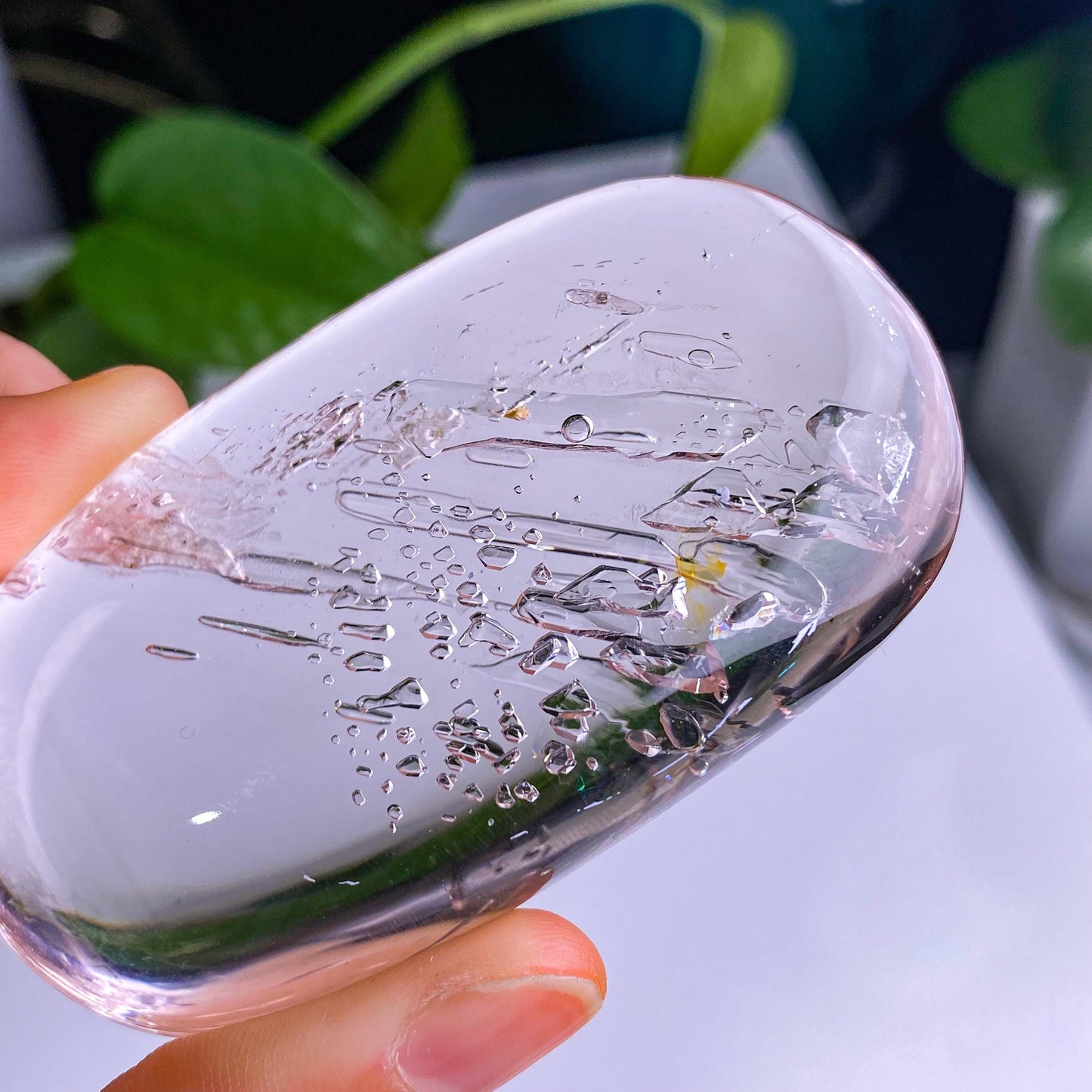 Light Purple Water Bubbles in Enhydro Quartz Freefrom,Parallel Grown Negative Crystals In Quartz Palm,Crystal Cabochon,Reiki Healing Crystal