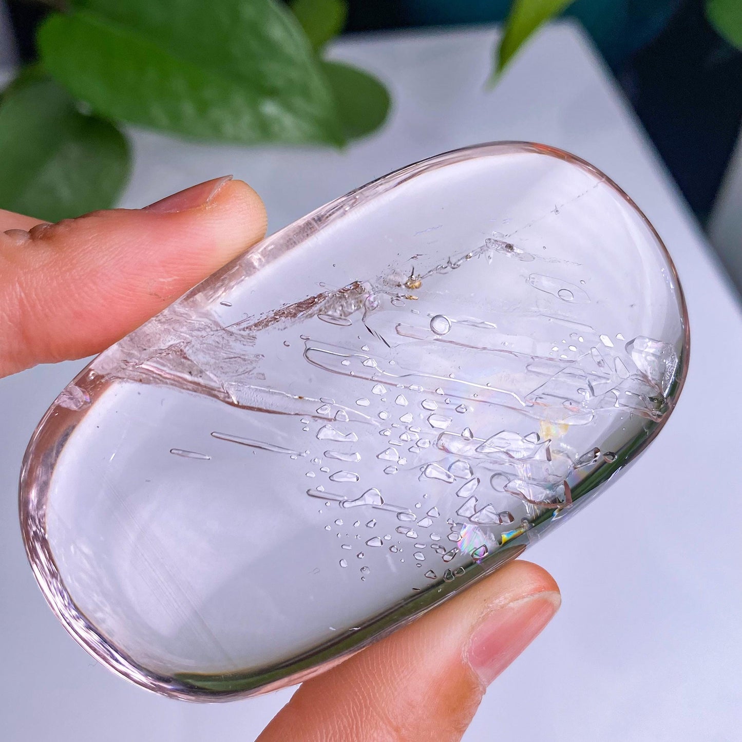 Light Purple Water Bubbles in Enhydro Quartz Freefrom,Parallel Grown Negative Crystals In Quartz Palm,Crystal Cabochon,Reiki Healing Crystal