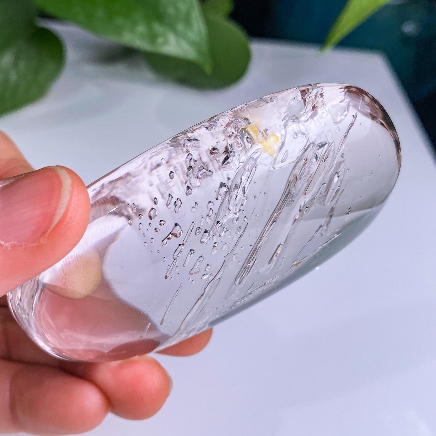 Light Purple Water Bubbles in Enhydro Quartz Freefrom,Parallel Grown Negative Crystals In Quartz Palm,Crystal Cabochon,Reiki Healing Crystal