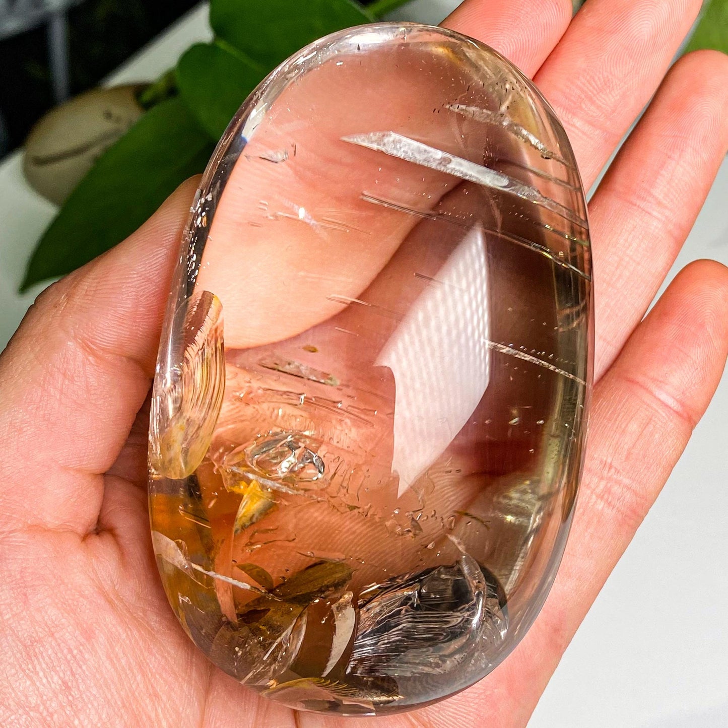 Natrual Champagne Smoky Big Bubbles in Enhydro Quartz, Parallel Grown Negative Crystals In Quartz Palm, Crystal Cabochon, Reiki Healing