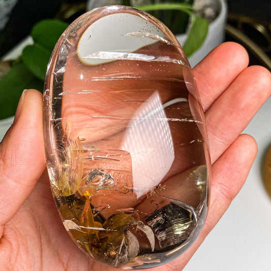 Natrual Champagne Smoky Big Bubbles in Enhydro Quartz, Parallel Grown Negative Crystals In Quartz Palm, Crystal Cabochon, Reiki Healing