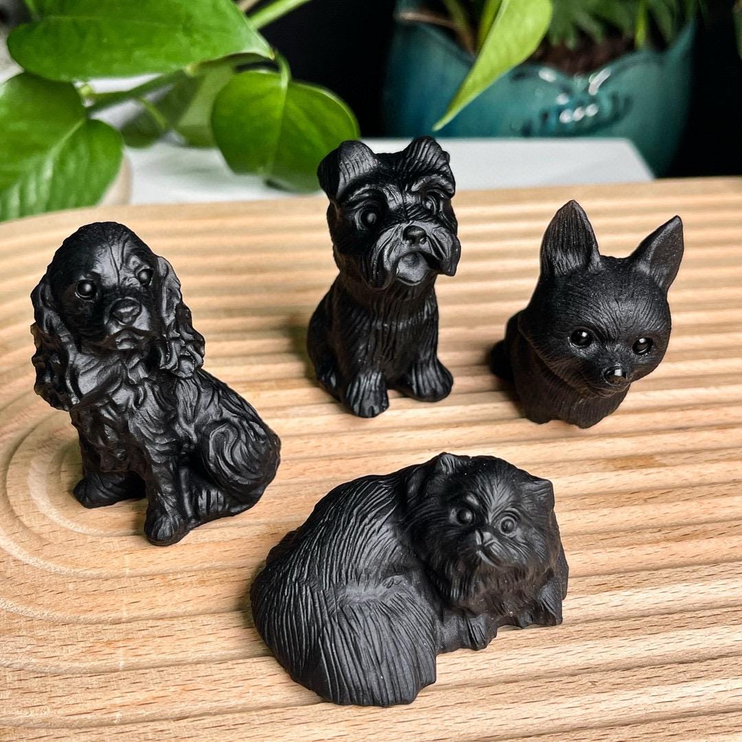 2.2"Natural Black Obsidian Dog Carving, Crystal French Bulldog Carving, Dog Statue, Animal Sculpture, Birthday Gift, Christmas Home Decor