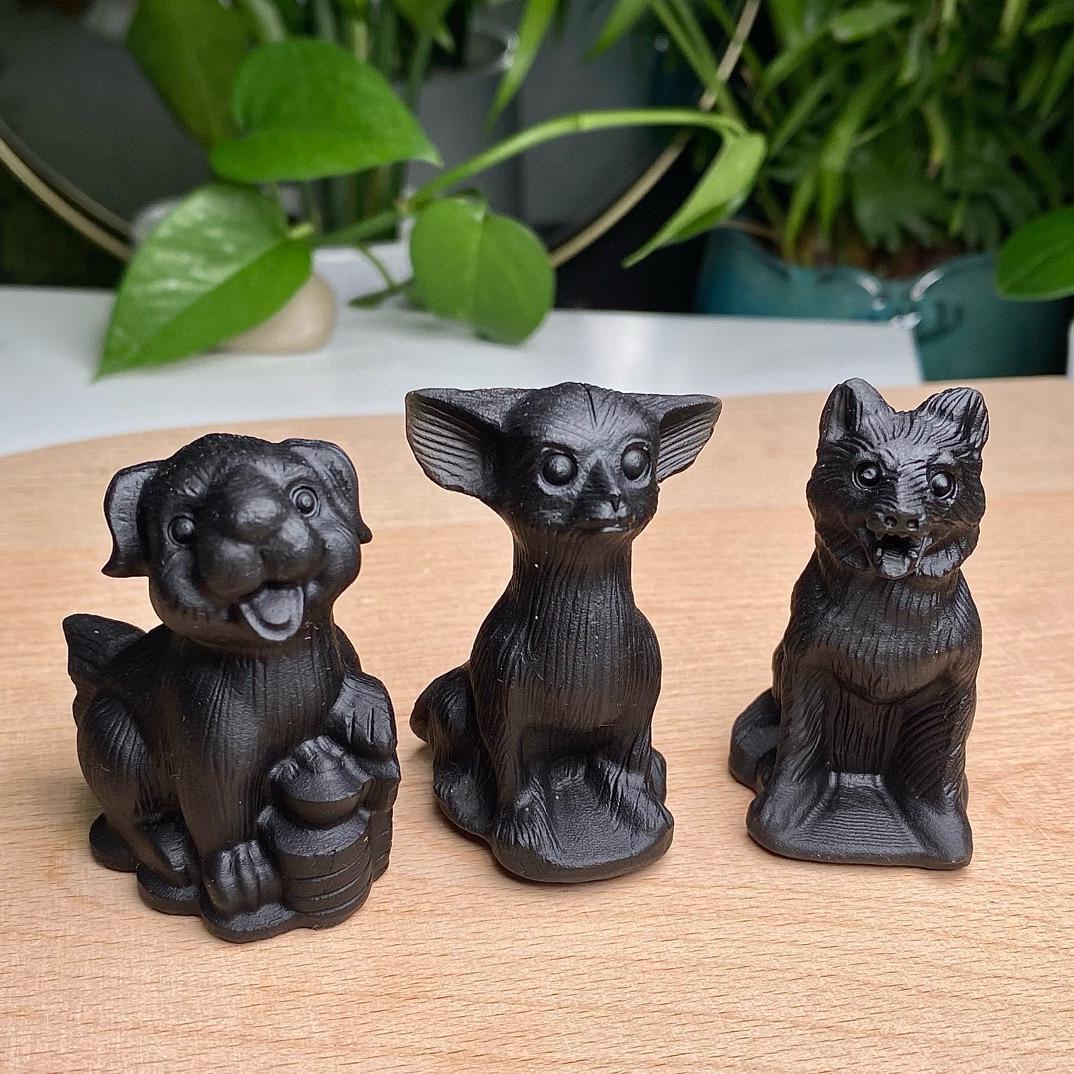 Natural Black Obsidian Dog Carving, Crystal Labrador, Crystal Pomeranian, Crystal Wolfdog, Crystal Yuanbao Dog,  Christmas Home Decor