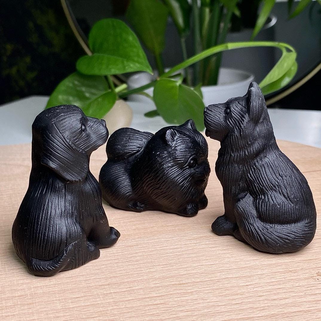 Natural Black Obsidian Dog Carving, Crystal Labrador, Crystal Pomeranian, Crystal Wolfdog, Crystal Yuanbao Dog,  Christmas Home Decor