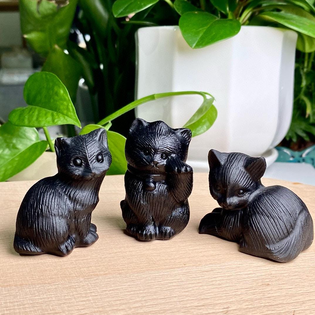 Natural Black Obsidian Cat Carving, Crystal Squinting Cute Cat, Crystal Lucky Cat, Animal Sculpture, Birthday Gift, Christmas Home Decor