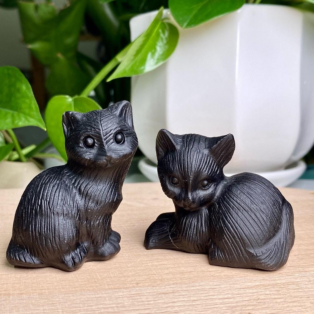 Natural Black Obsidian Cat Carving, Crystal Squinting Cute Cat, Crystal Lucky Cat, Animal Sculpture, Birthday Gift, Christmas Home Decor