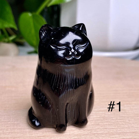 Natural Black Obsidian Cat Carving, Crystal Squinting Cute Cat, Crystal Lucky Cat, Animal Sculpture, Birthday Gift, Christmas Home Decor