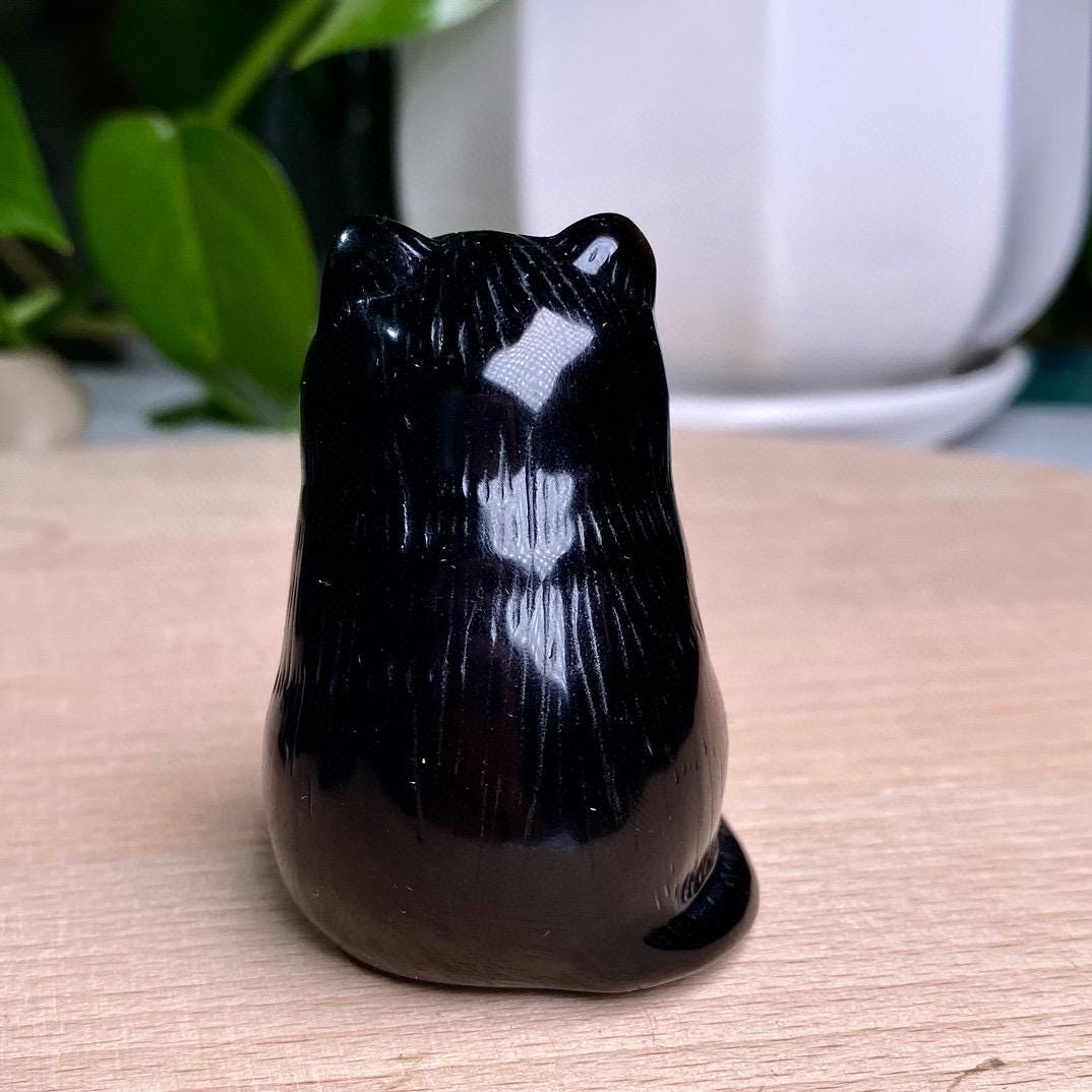 Natural Black Obsidian Cat Carving, Crystal Squinting Cute Cat, Crystal Lucky Cat, Animal Sculpture, Birthday Gift, Christmas Home Decor