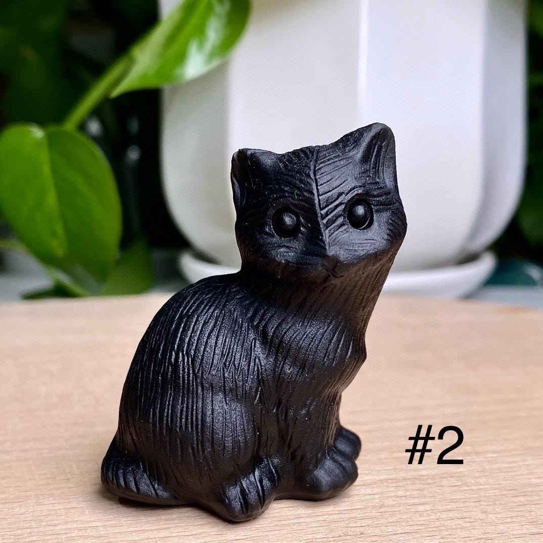 Natural Black Obsidian Cat Carving, Crystal Squinting Cute Cat, Crystal Lucky Cat, Animal Sculpture, Birthday Gift, Christmas Home Decor