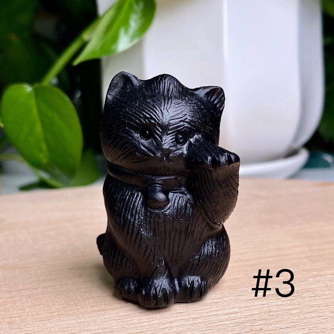 Natural Black Obsidian Cat Carving, Crystal Squinting Cute Cat, Crystal Lucky Cat, Animal Sculpture, Birthday Gift, Christmas Home Decor