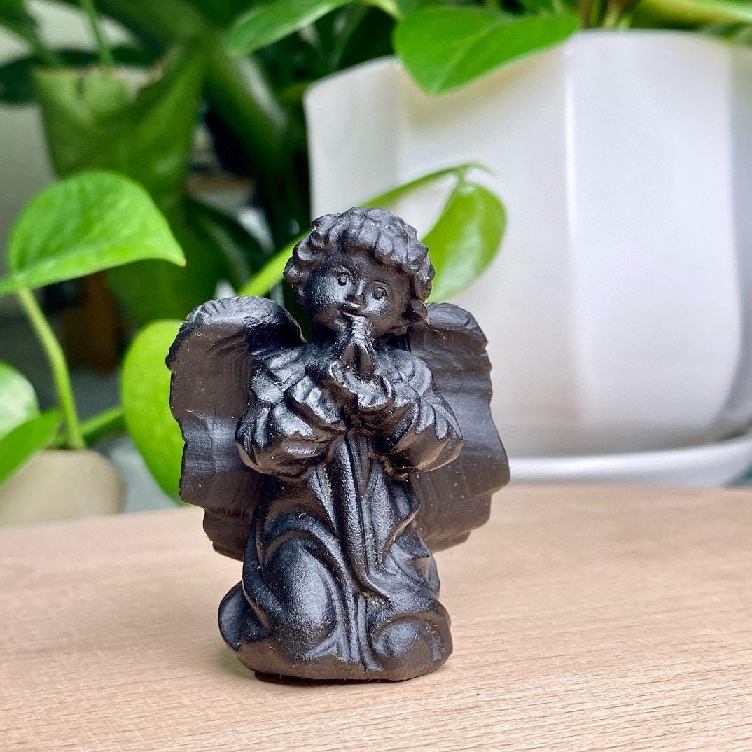 Natural Black Obsidian Angle Carving, Crystal Cherub, Crystal Angel, Angel Sculpture, Birthday Gift, Christmas Home Decor