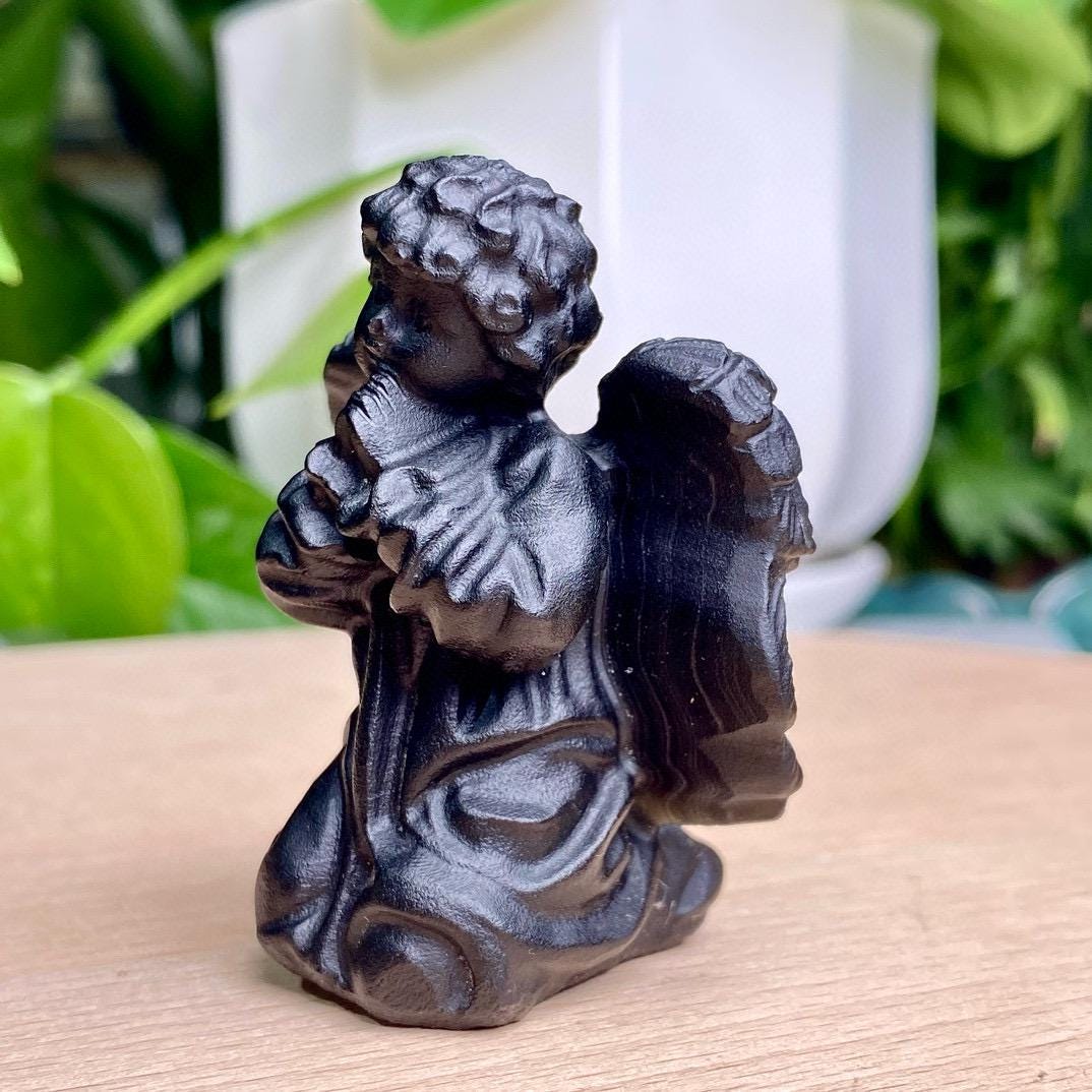 Natural Black Obsidian Angle Carving, Crystal Cherub, Crystal Angel, Angel Sculpture, Birthday Gift, Christmas Home Decor
