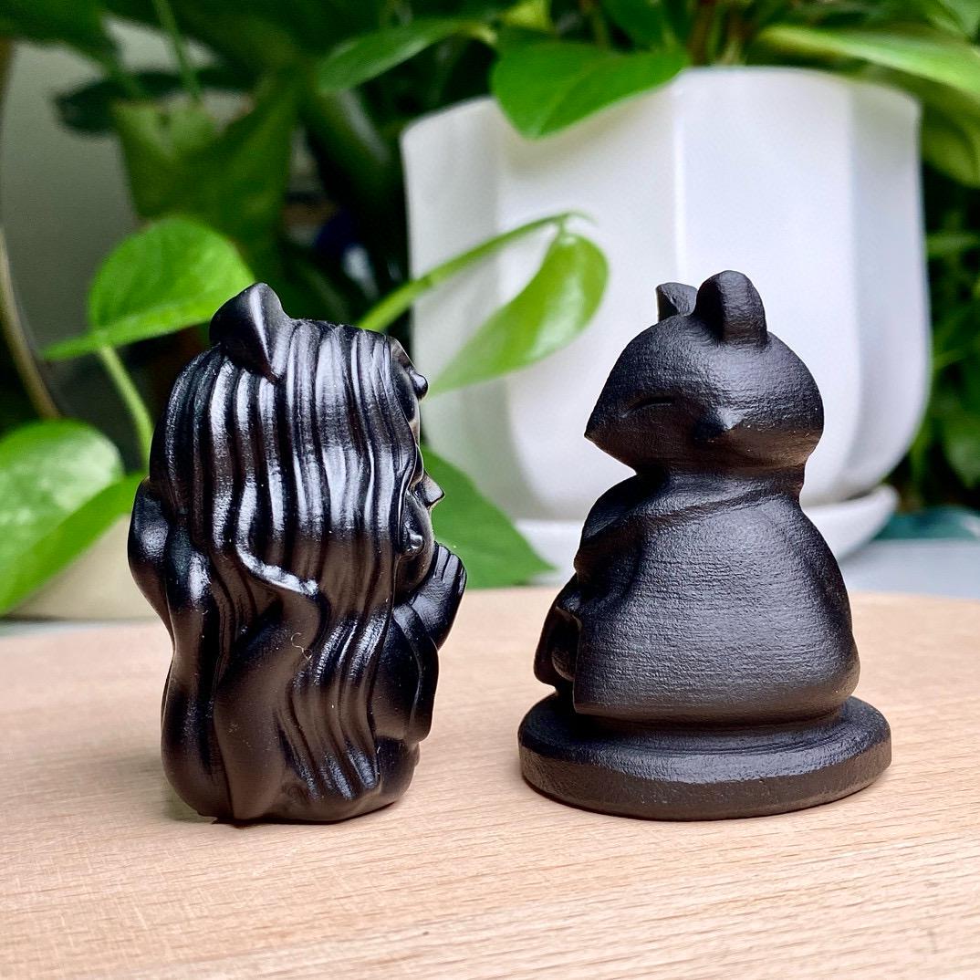 Natural Black Obsidian Fox Lady Carving, Crystal Cute Fox Skull, Crystal Fox, Crystal Nine-Tailed Fox, Birthday Gift, Fengshui Home Decor