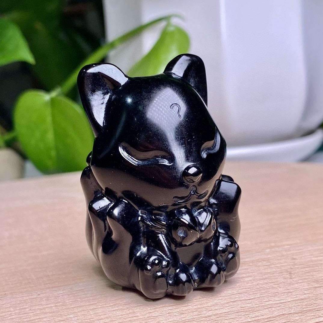 Natural Black Obsidian Fox Lady Carving, Crystal Cute Fox Skull, Crystal Fox, Crystal Nine-Tailed Fox, Birthday Gift, Fengshui Home Decor
