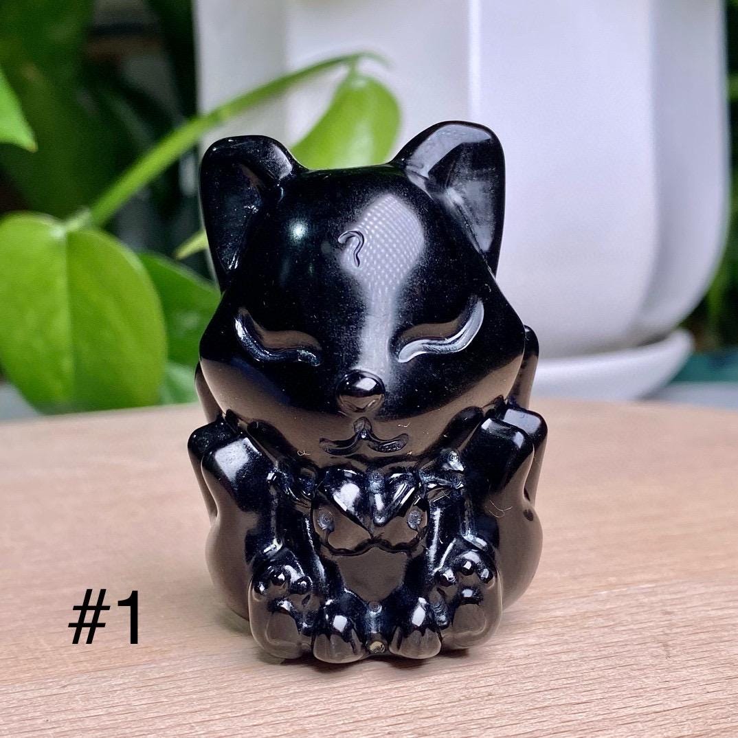 Natural Black Obsidian Fox Lady Carving, Crystal Cute Fox Skull, Crystal Fox, Crystal Nine-Tailed Fox, Birthday Gift, Fengshui Home Decor