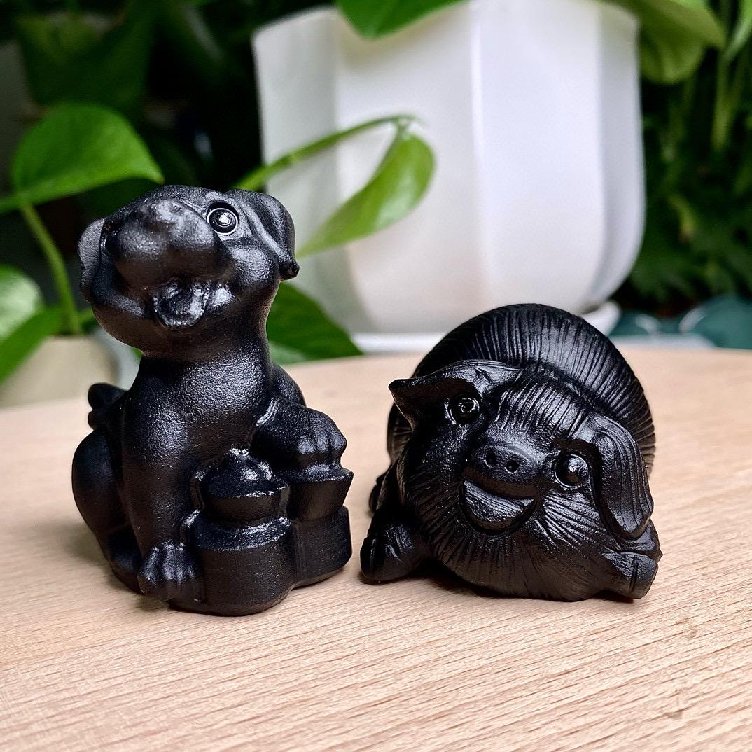 Natural Black Obsidian Pig Carving, Crystal Smile Pig, Crystal Fortune Pig, Animal Sculpture, Birthday Gift, Fengshui Home Decor