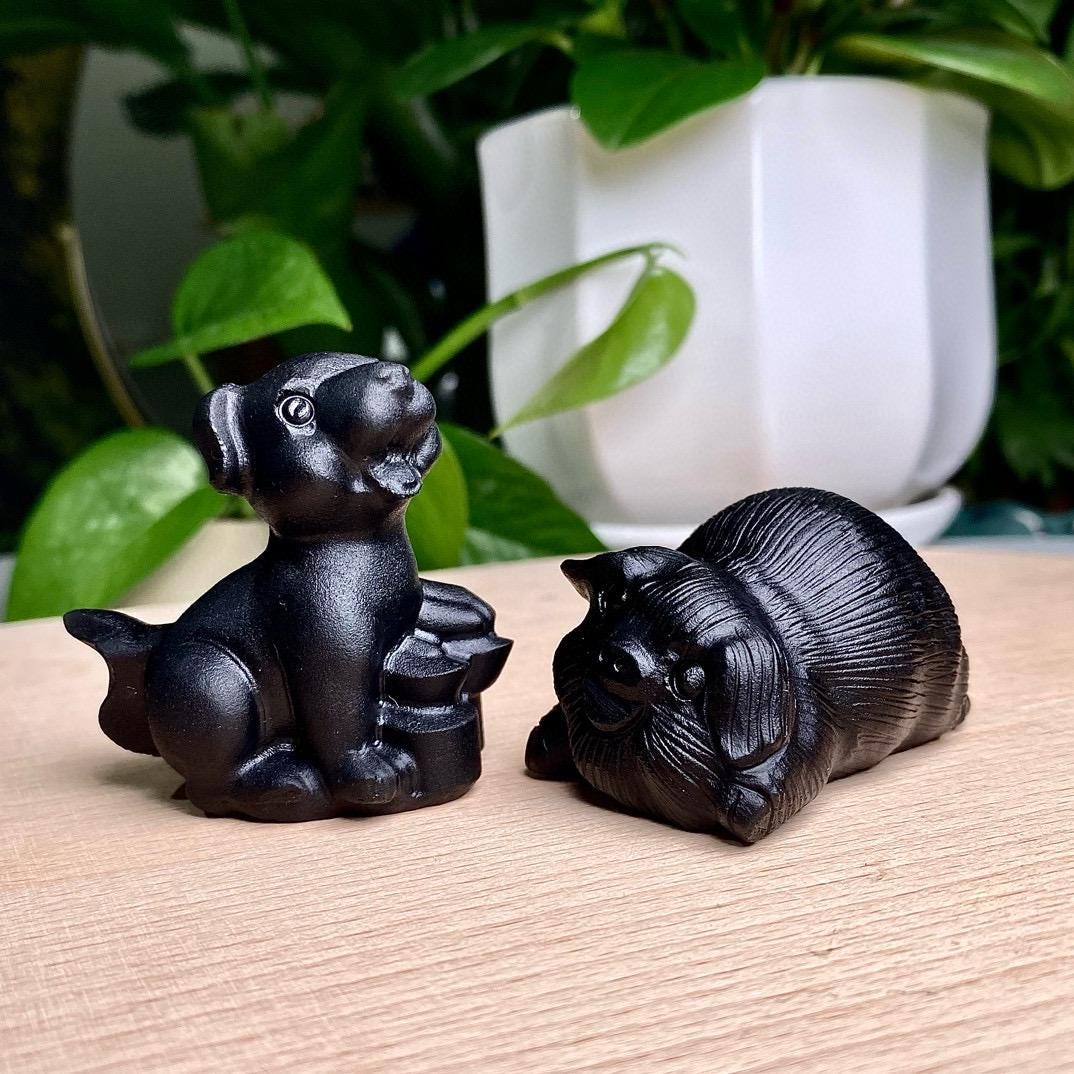 Natural Black Obsidian Pig Carving, Crystal Smile Pig, Crystal Fortune Pig, Animal Sculpture, Birthday Gift, Fengshui Home Decor