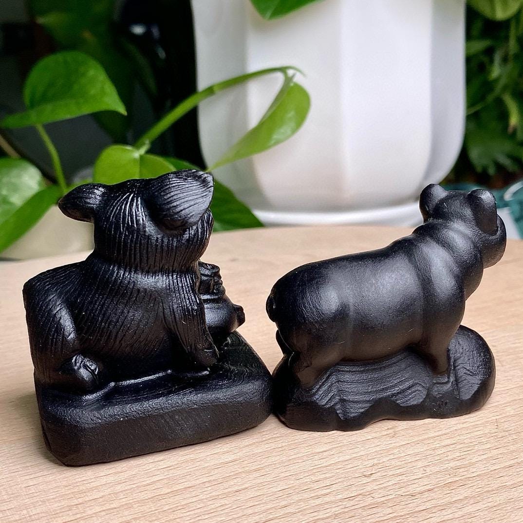 Natural Black Obsidian Pig Carving, Crystal Smile Pig, Crystal Fortune Pig, Animal Sculpture, Birthday Gift, Fengshui Home Decor