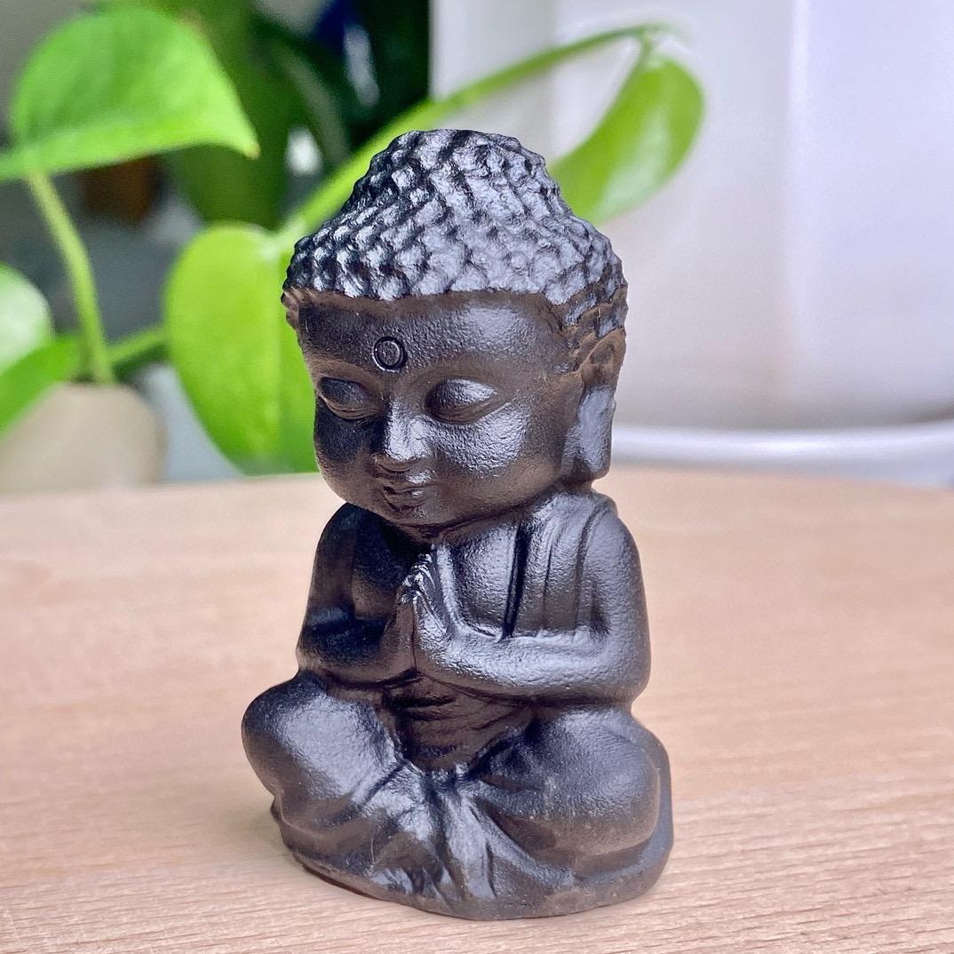 Natural Black Obsidian Carving, Crystal Buddha, Avalokitesvara, Obsidian Monk, Mini Statue, Lovely Crystal Statue, Birthday Gift, Home Decor